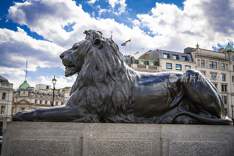 狮子雕像在伦敦特拉法加广场在一个晴朗的夏天蓝天的日子。名字:Landseer Lions